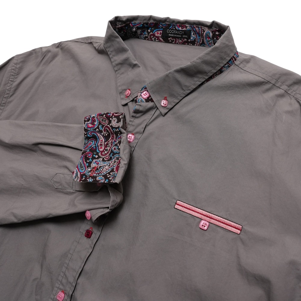 Coofandy Long Sleeve Button Down Men XXXL Gray Paisley Contrast Trim